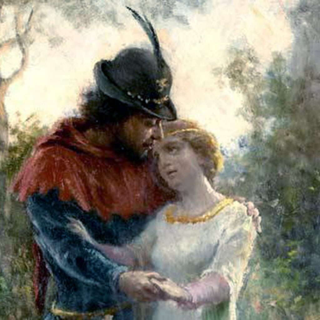 Pintura retrato com Pedro e Inês de Castro abraçados